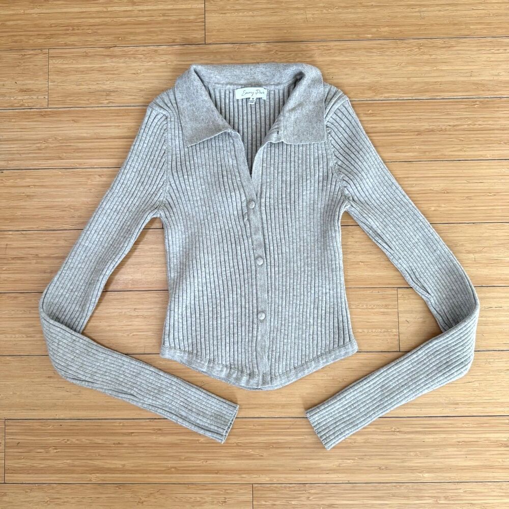 Emory Park Taupe Ribbed Thumbhole Collared Sweater Top Medium